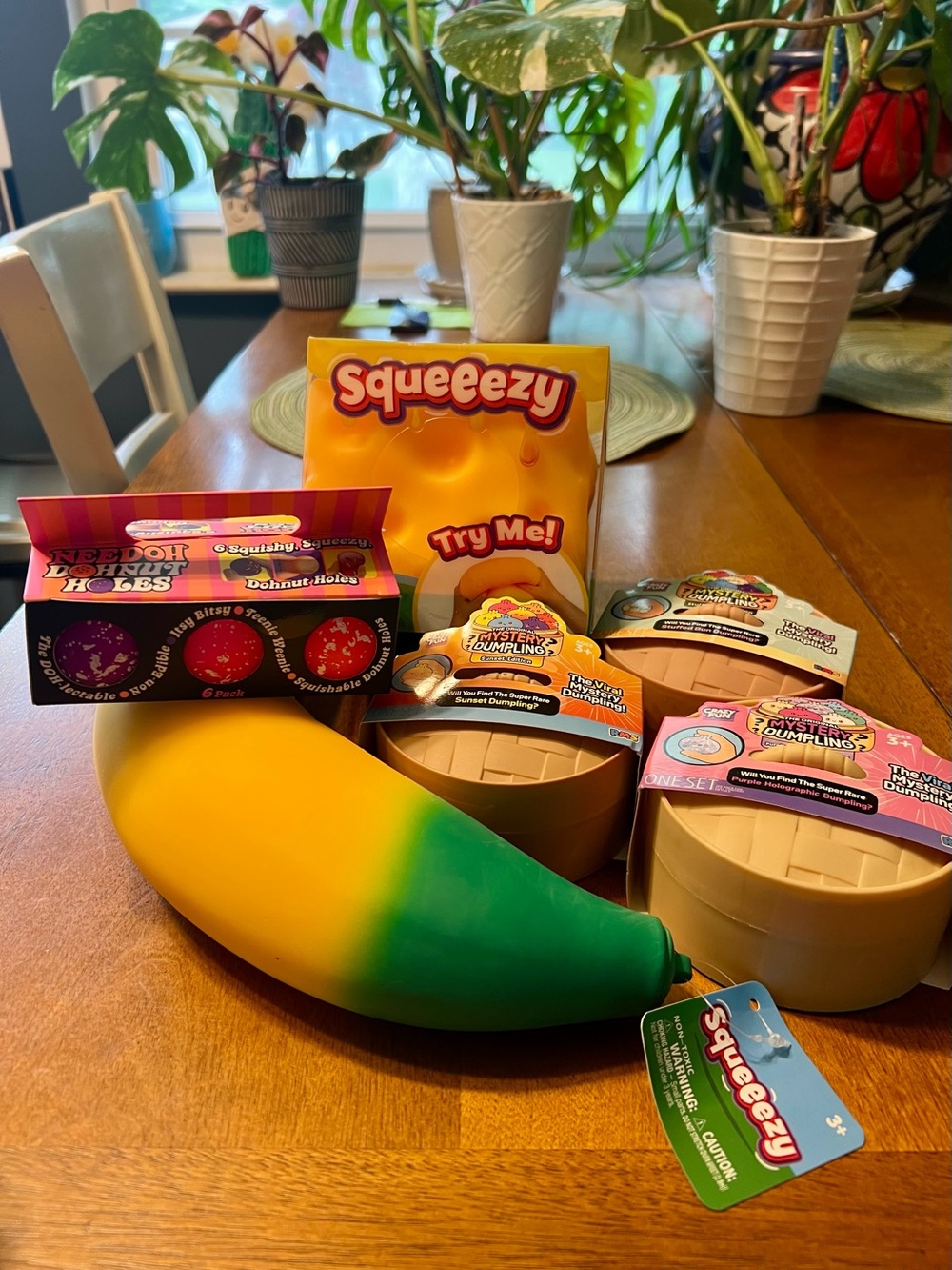 Viral Squishy Toy Bundle NeeDoh Donut Holes Banana Cheese Dumplings